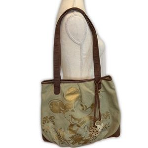 Vintage Disneyland green canvas tote with metallic gold printed Mickey graphic